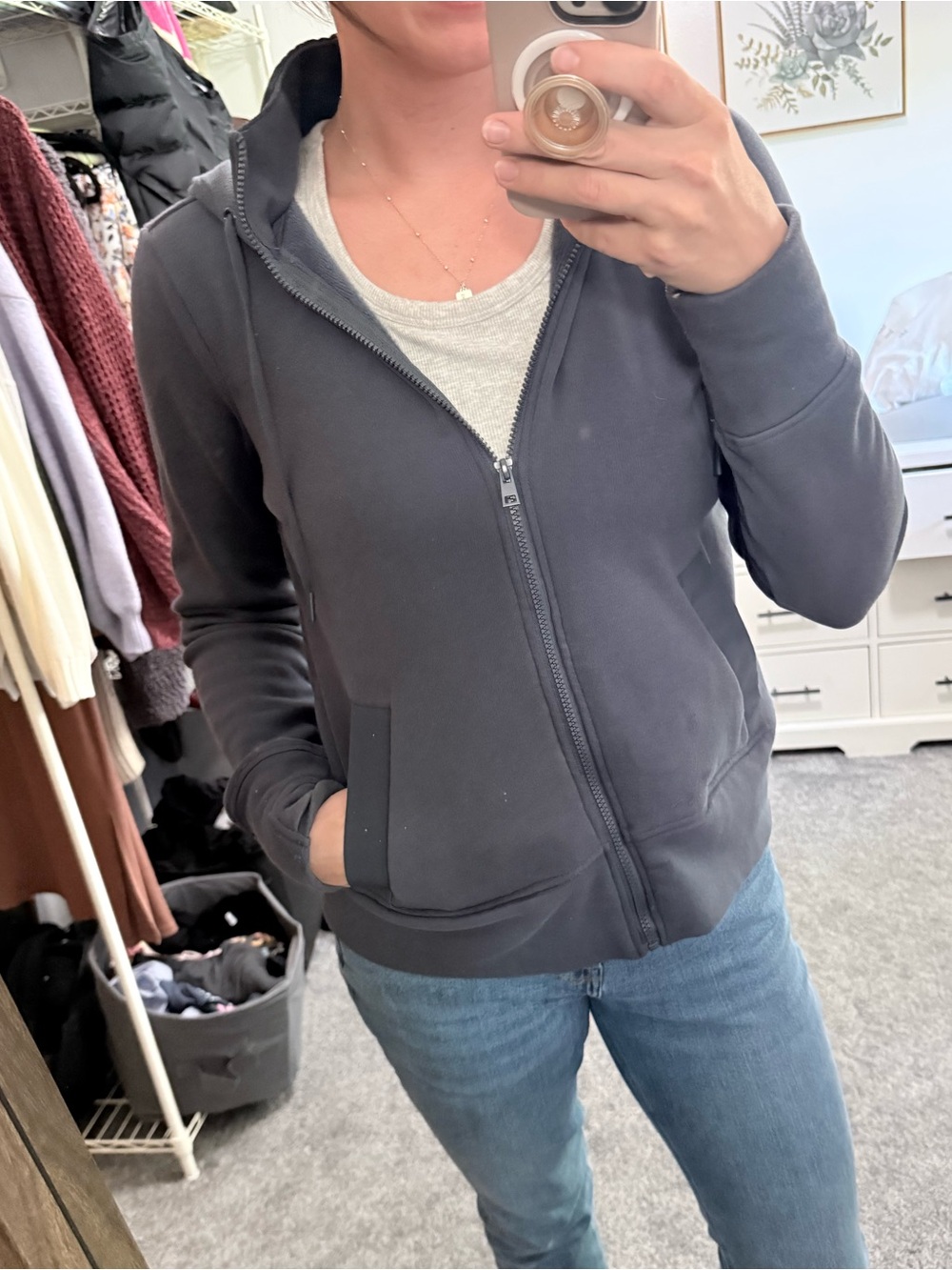 Navy blue fleece lined full zip athleisure hoodie